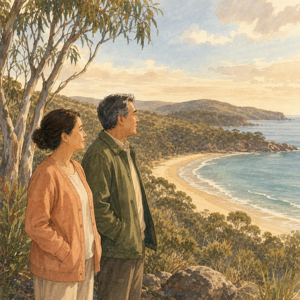 Two adults stand on a eucalyptus headland looking over a sandy Australian bay and soft bush hills in warm late light.