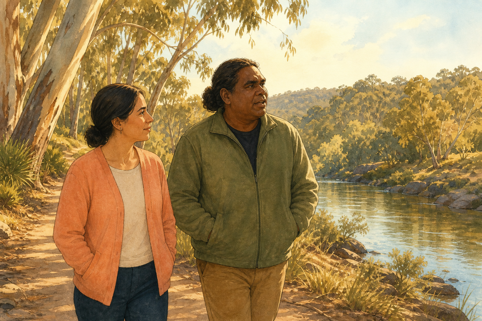An Indigenous Australian guide and a visitor walk a quiet eucalyptus river path at golden hour, looking toward living Country together.