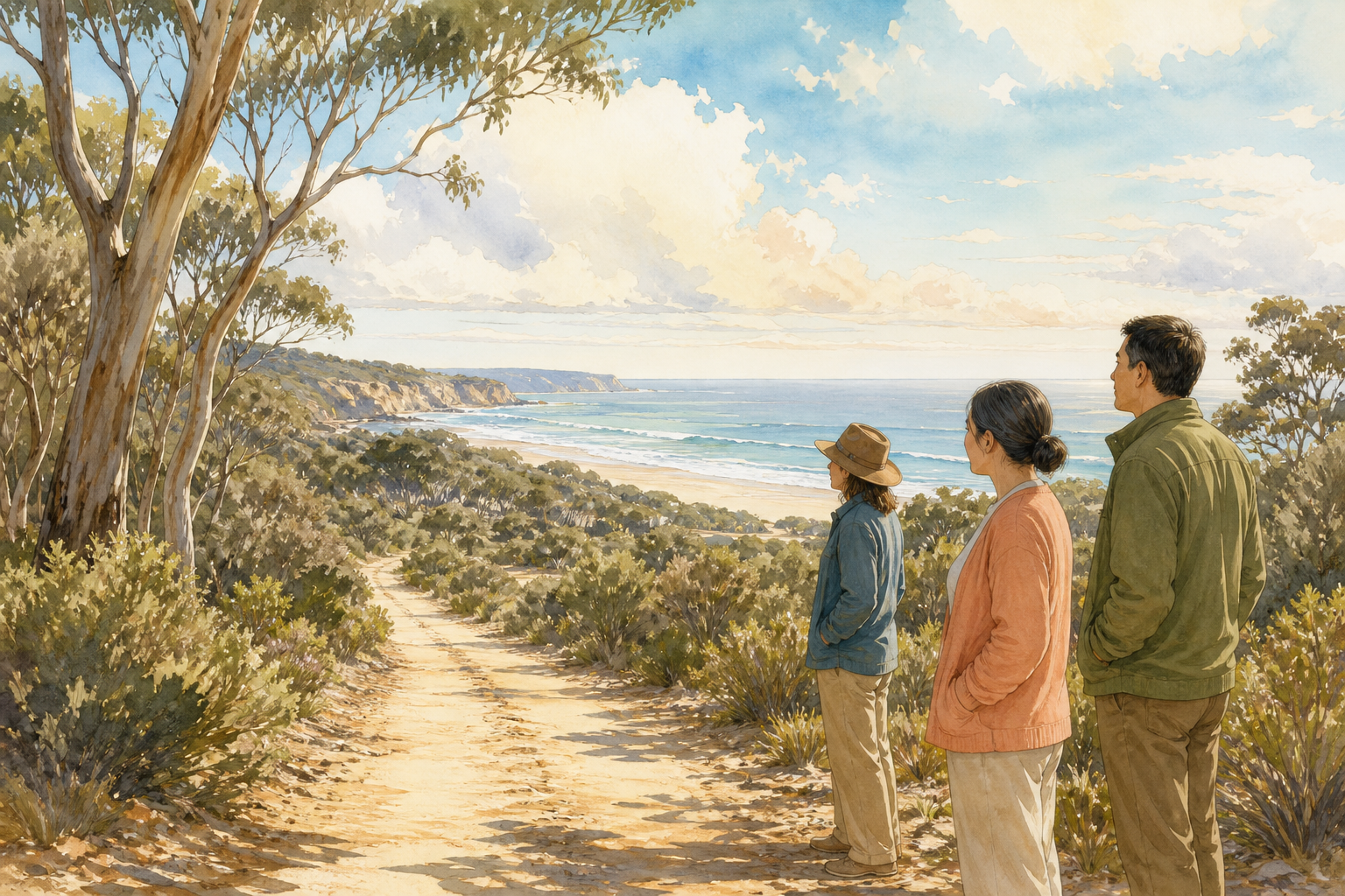 A long bush dirt track leads toward a coastal bay where adults stand outdoors under a wide sky and distant hills.