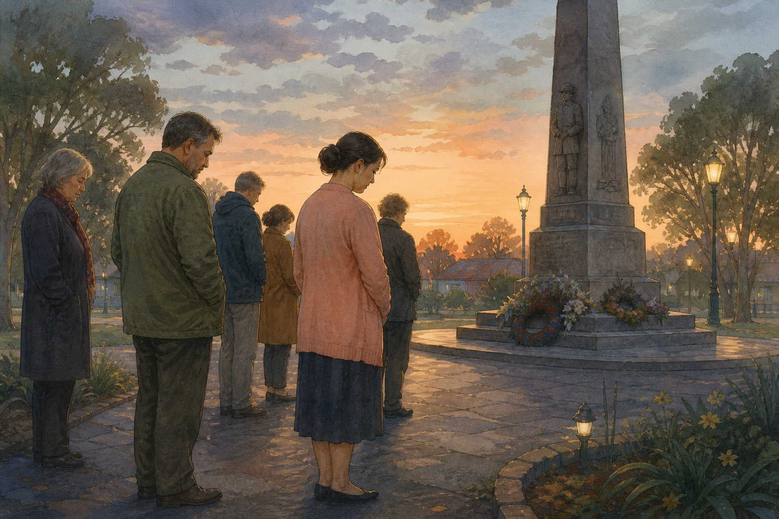 Adults gather in quiet dawn light at a stone war memorial for an Anzac Day dawn service in an Australian town park.