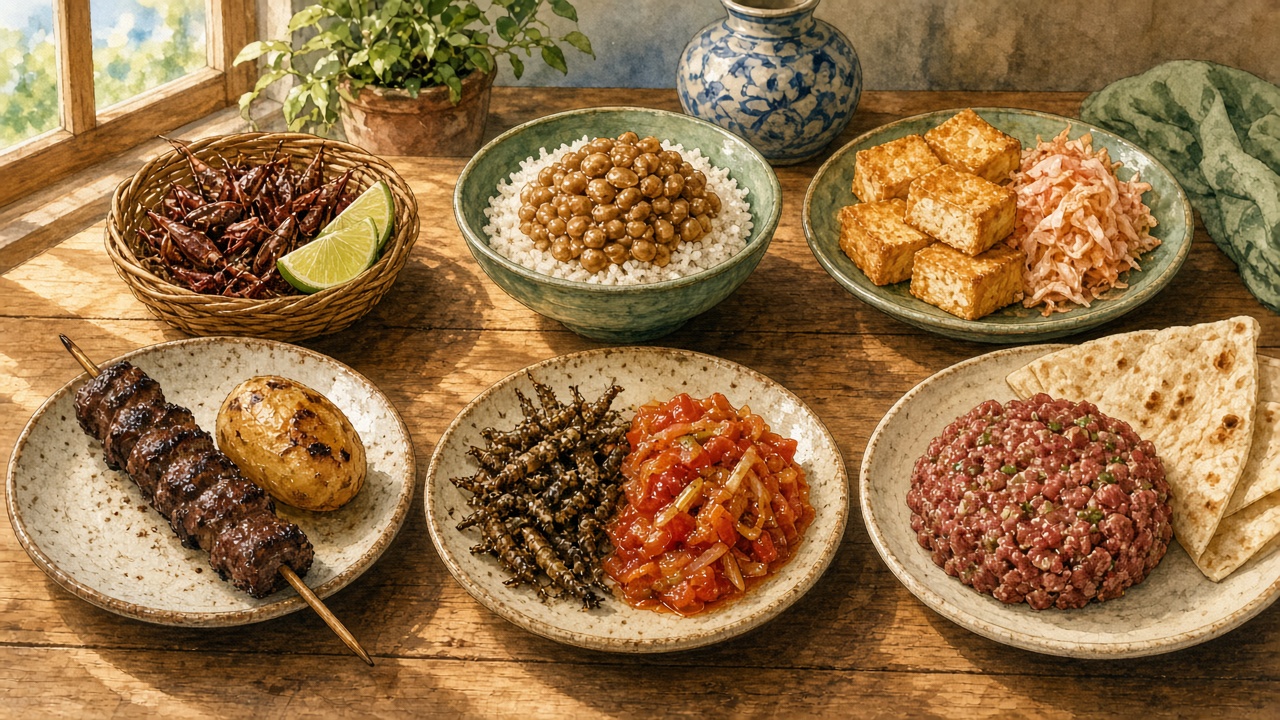 Six plates on a wooden table: toasted grasshoppers with lime, sticky soybeans on rice, fried tofu with pickles, a grilled meat skewer with potato, dried caterpillars with tomato sauce, and spiced minced beef with flatbread.