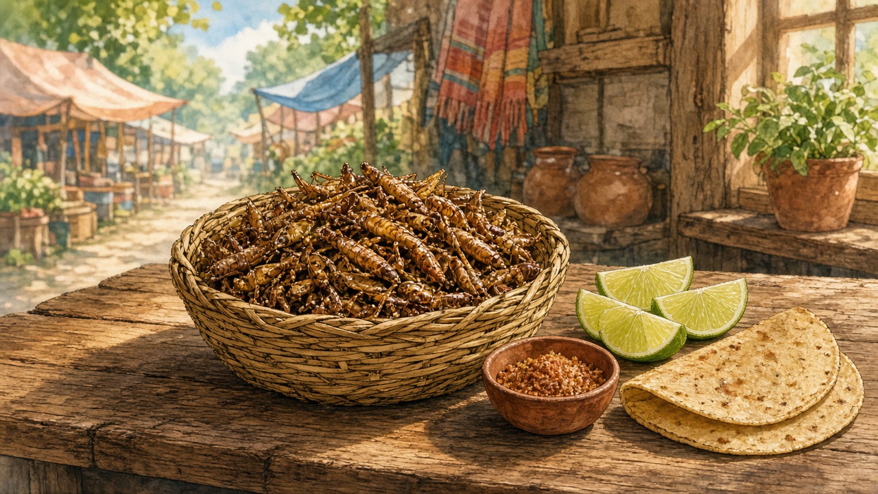 A woven basket of toasted grasshoppers on a market table with lime wedges, chili salt, and corn tortillas.