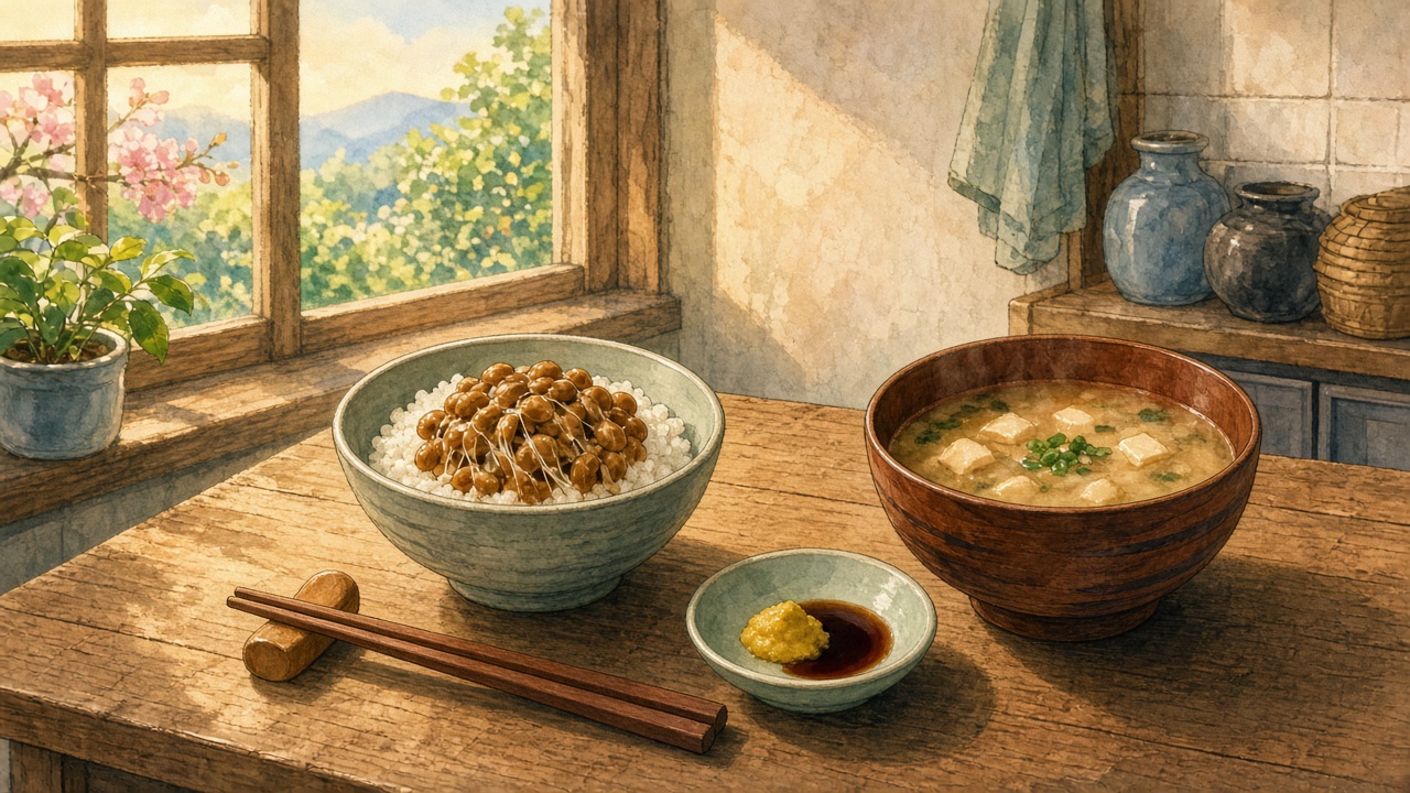 A Japanese breakfast table with sticky fermented soybeans on rice, miso soup, mustard, and chopsticks.