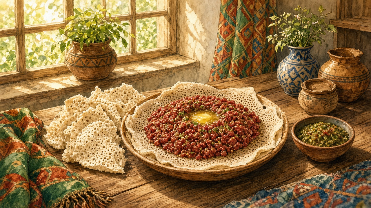 A wooden platter of spiced minced raw beef with clarified butter on spongy flatbread, extra bread, and a green side dish.