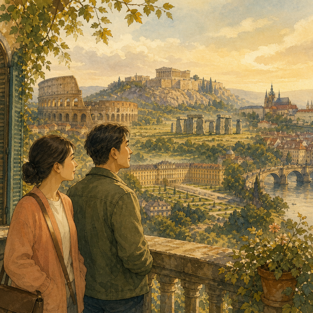Two adults on a travel balcony look out over soft storybook silhouettes of European World Heritage landmarks in warm late light.