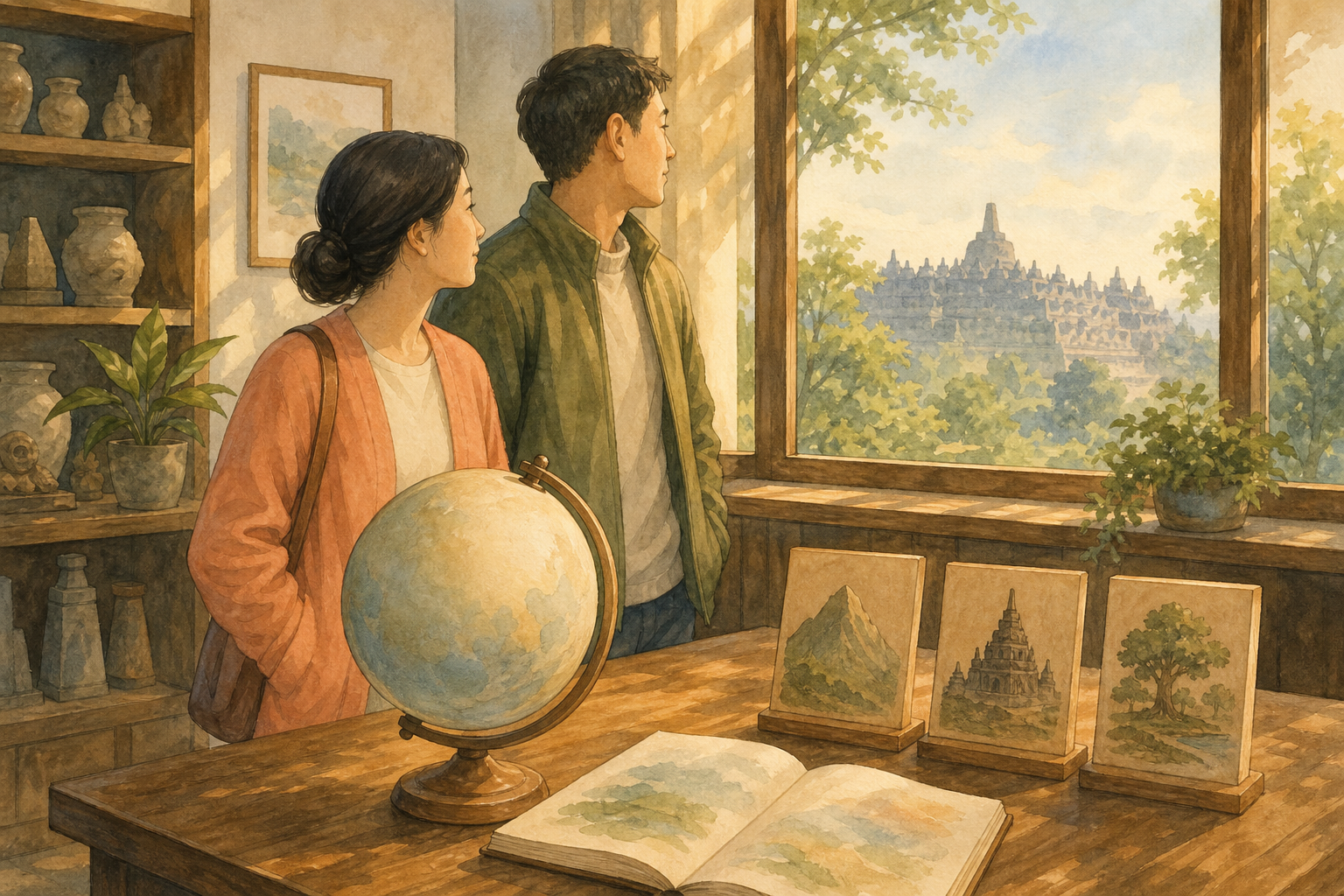 In a quiet study, two adults look from a blank globe and notebook toward a distant temple silhouette, suggesting protected places for everyone.