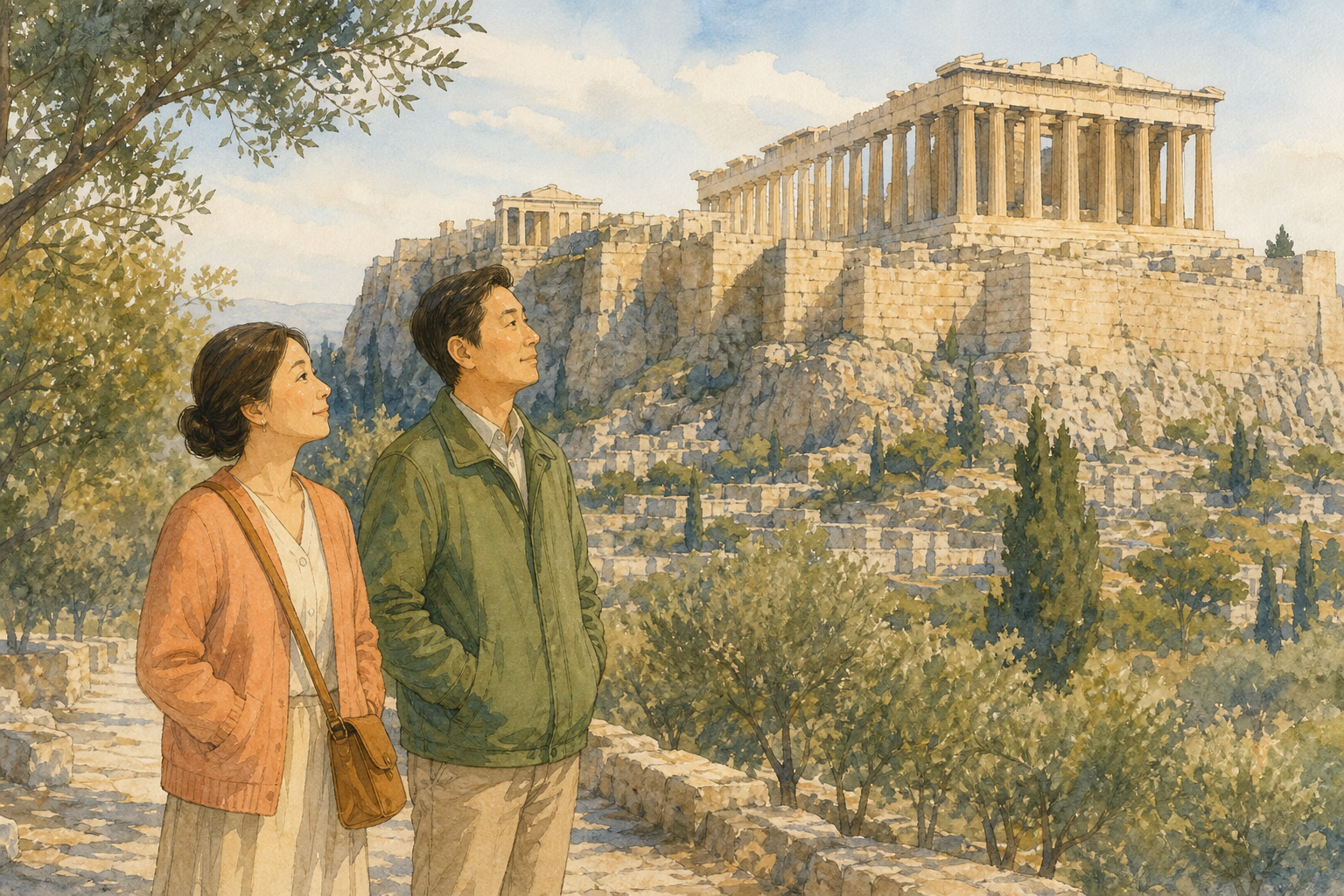 Two adults stand on a sunlit rocky path looking up at classical temple columns on the Acropolis hill among olive trees.