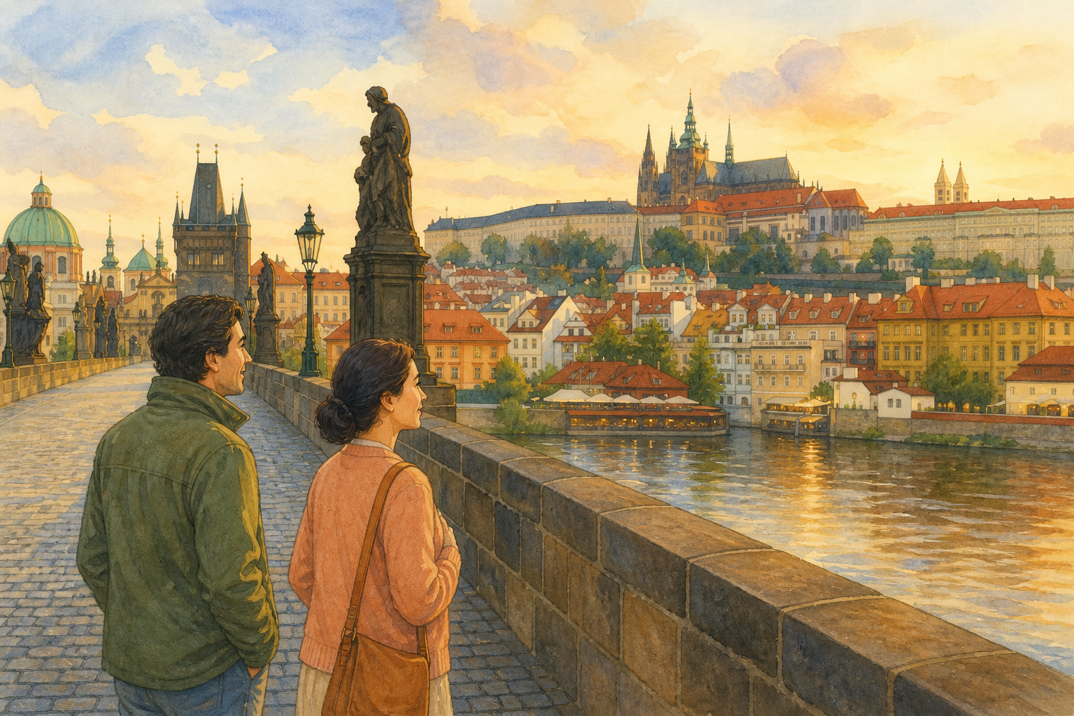 Two adults walk an old stone bridge toward a castle hill and tiled roofs in the historic centre of Prague at late afternoon.
