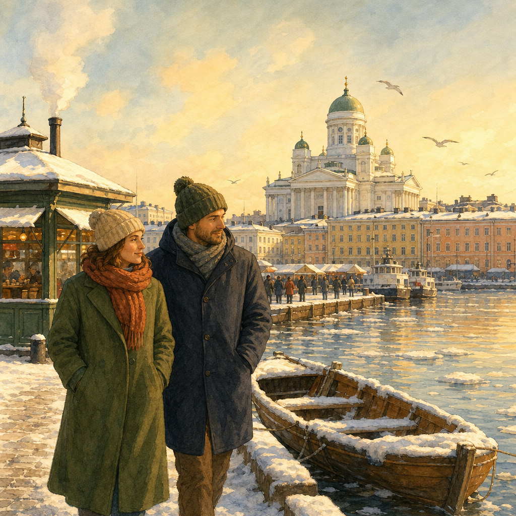Two adults walk a snowy Helsinki harbor path past a wooden boat, with Helsinki Cathedral green domes and yellow waterfront buildings behind them.