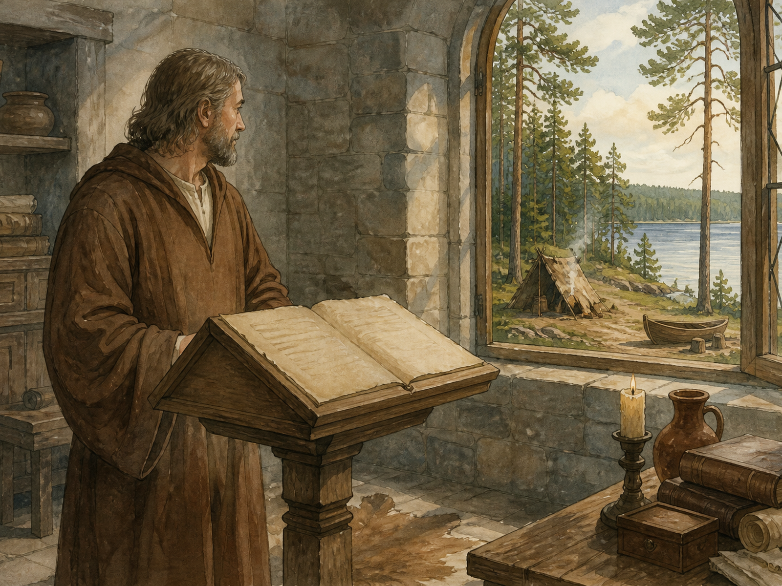 A scholar in a brown robe stands at a wooden lectern with an open book, looking through a stone window at a pine-lined Finnish lake with a turf hut and rowboat.