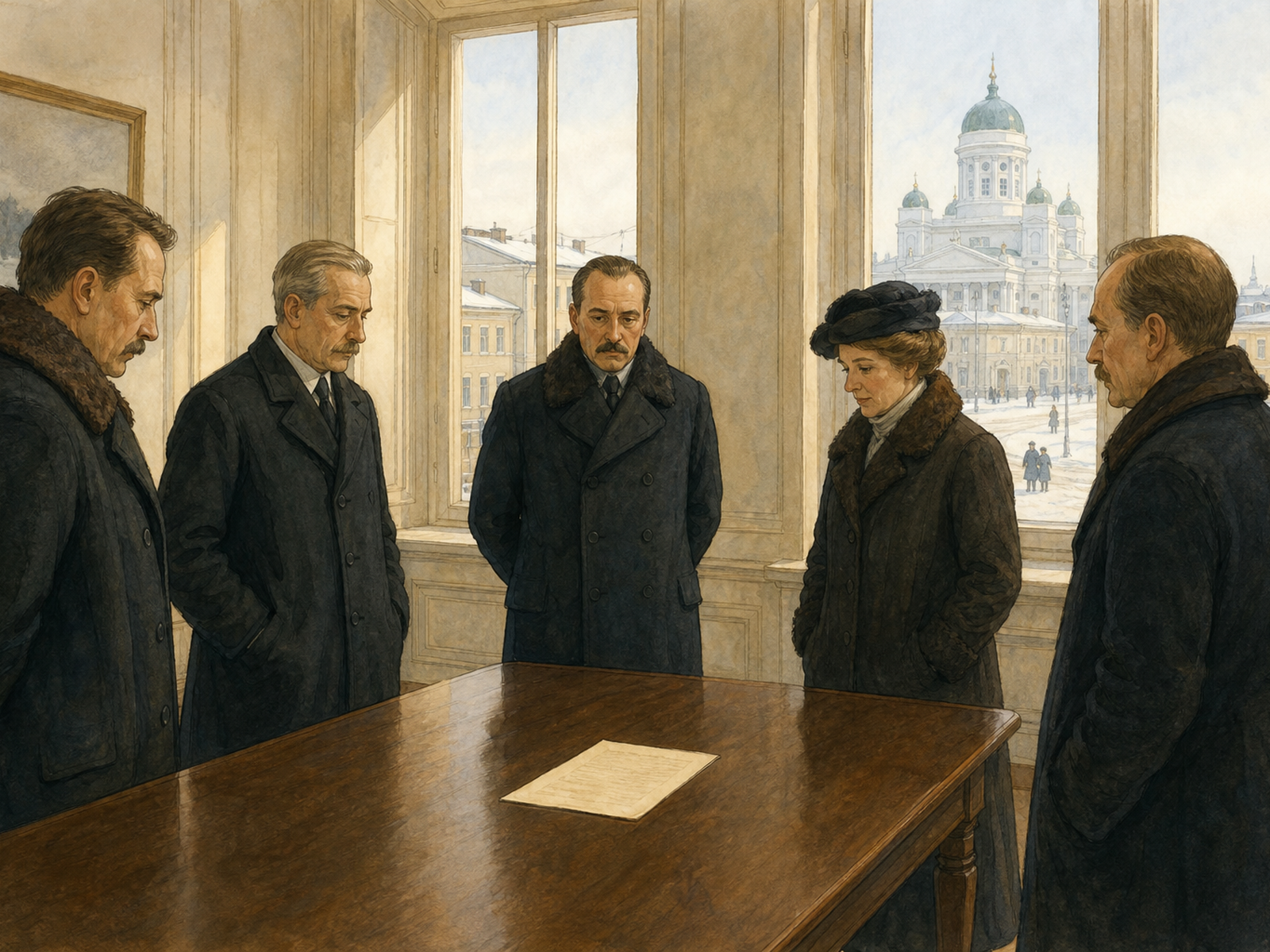 Five adults in winter coats stand around a wooden table with a document in a Helsinki room, with the white cathedral and snowy Senate Square outside the window.