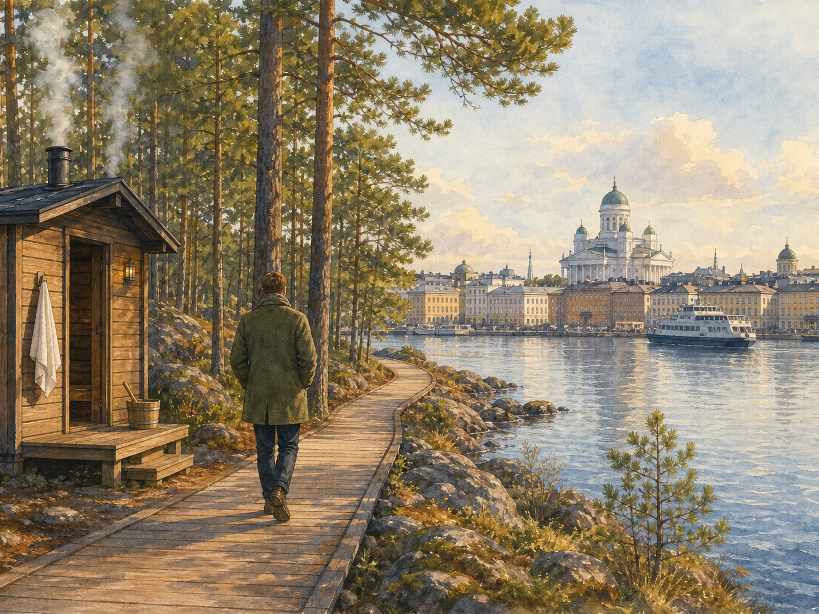 An adult in a green coat walks a wooden lakeside boardwalk from a steaming log sauna toward a Helsinki waterfront with a ferry and the white cathedral.