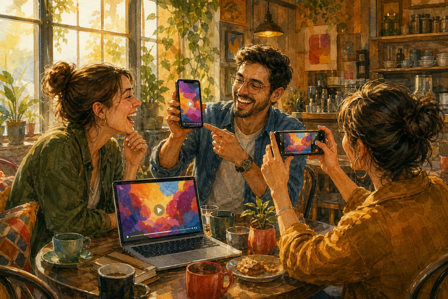 Three adults in a sunlit cafe share the same colorful video on a laptop and two phones, with one friend recording the moment.