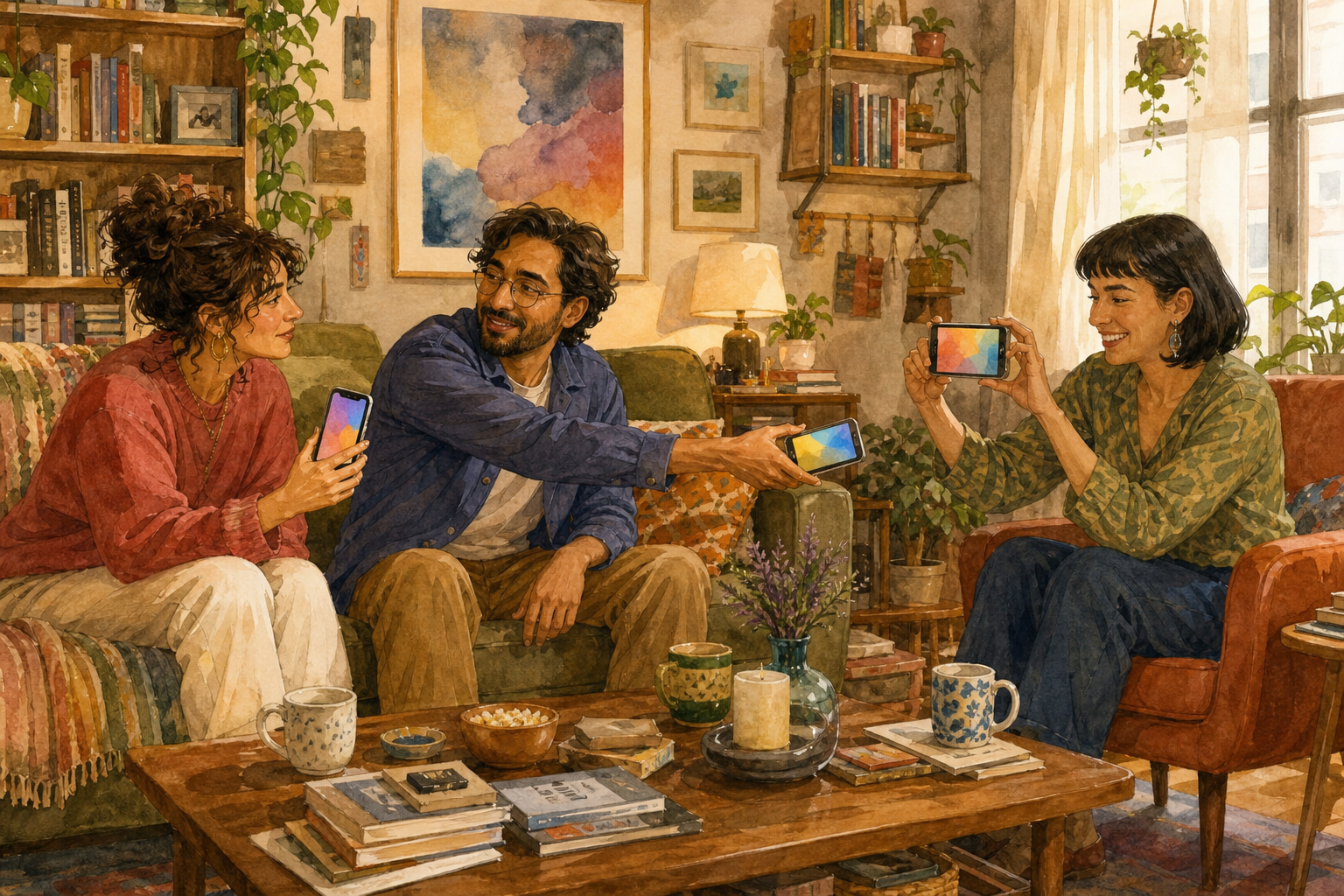 In a dense living room, three adults on a sofa and armchair share the same bright clip on their phones beside books, plants, and mugs.
