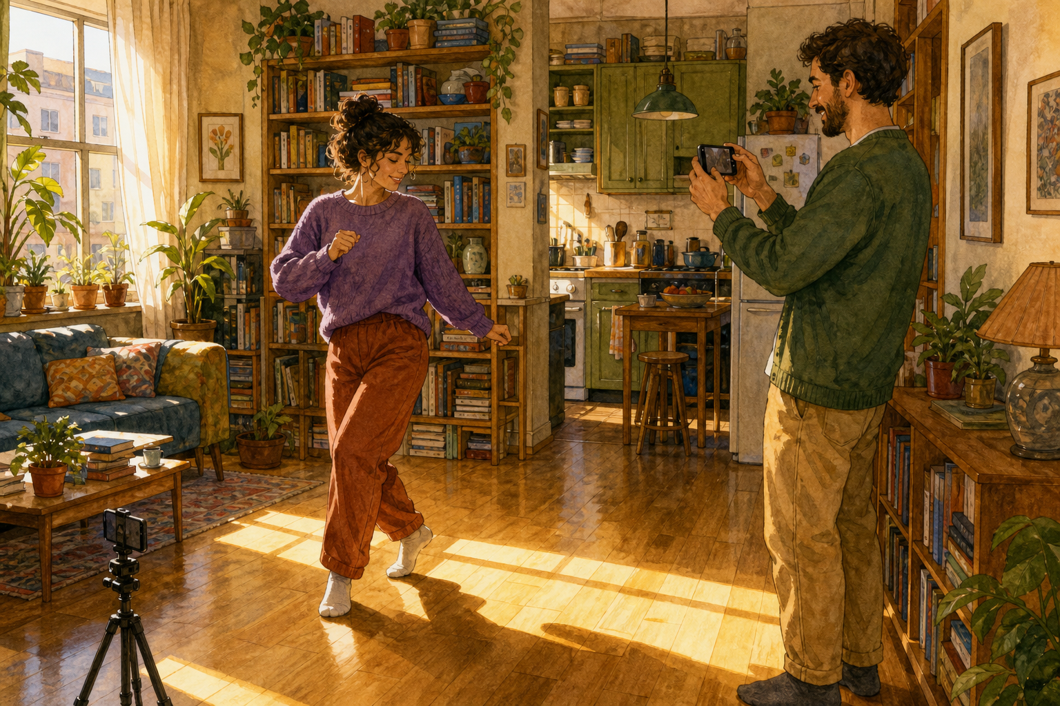 In a sunlit apartment, one adult dances while another films on a phone and a second phone on a tripod records the same copyable move.