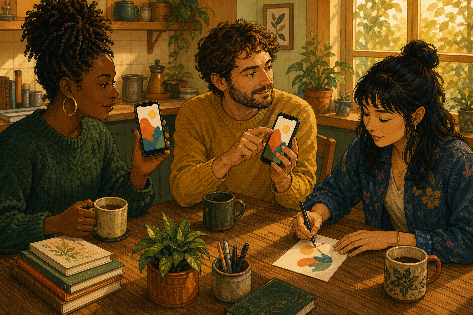 Three adults at a sunlit wooden table compare the same mountain graphic on two phones while one copies the idea onto paper.