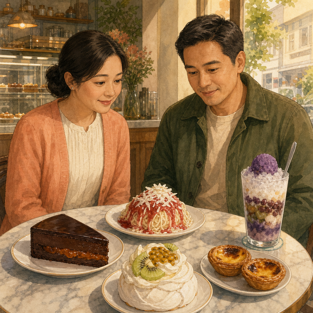 A woman in a peach cardigan and a man in a moss-green jacket sit at a marble cafe table looking at five unusual sweets: chocolate cake, ice-cream spaghetti, pavlova, custard tarts, and a tall layered glass.