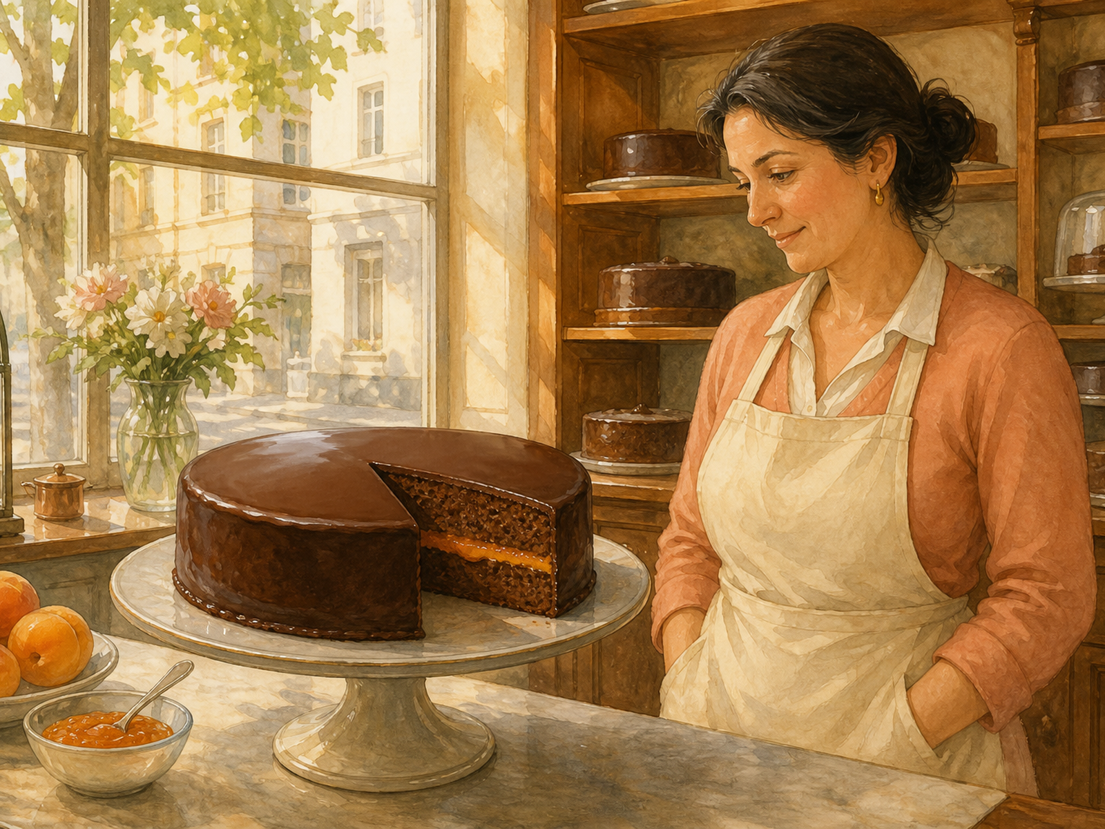 An adult baker in a cream apron stands beside a glossy chocolate cake on a stand, with one slice removed so apricot jam shows between the sponge layers.