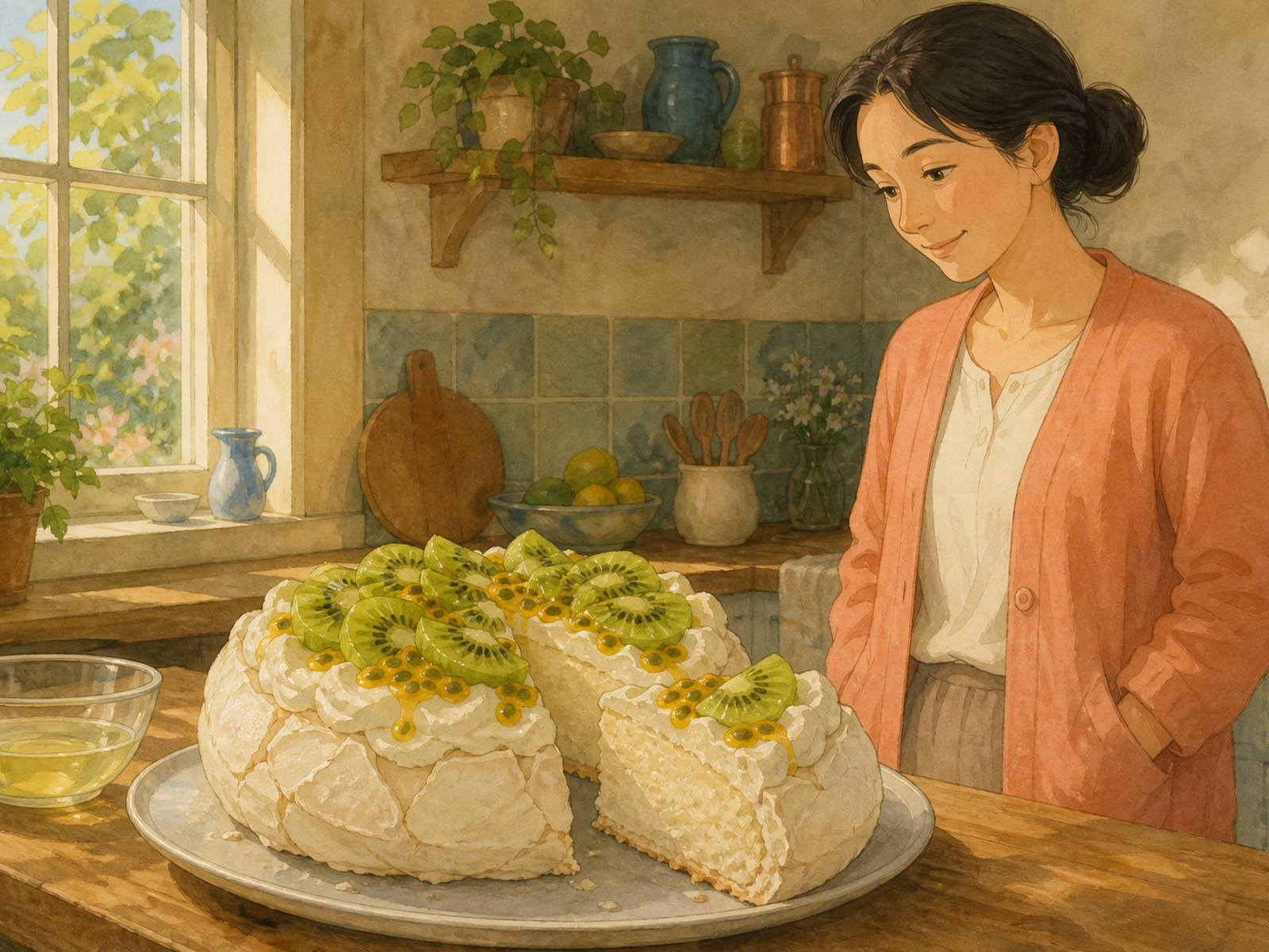 An adult woman in a peach cardigan looks at a white pavlova topped with cream, kiwi, and passionfruit, with one slice cut to show the soft centre.