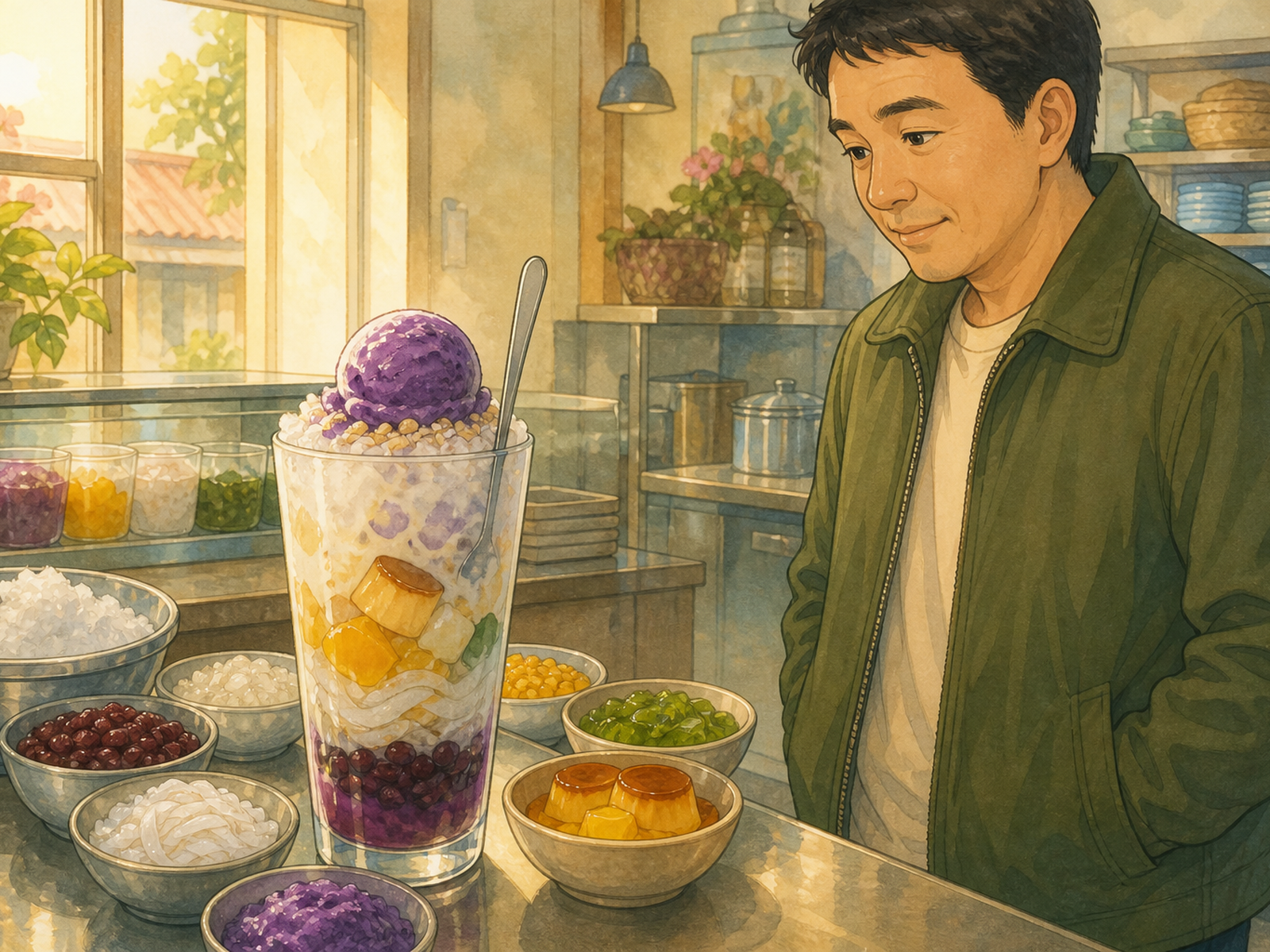 An adult man in a moss-green jacket looks at a tall glass of halo-halo with purple ice cream, flan, beans, and crushed ice, beside bowls of the same ingredients.