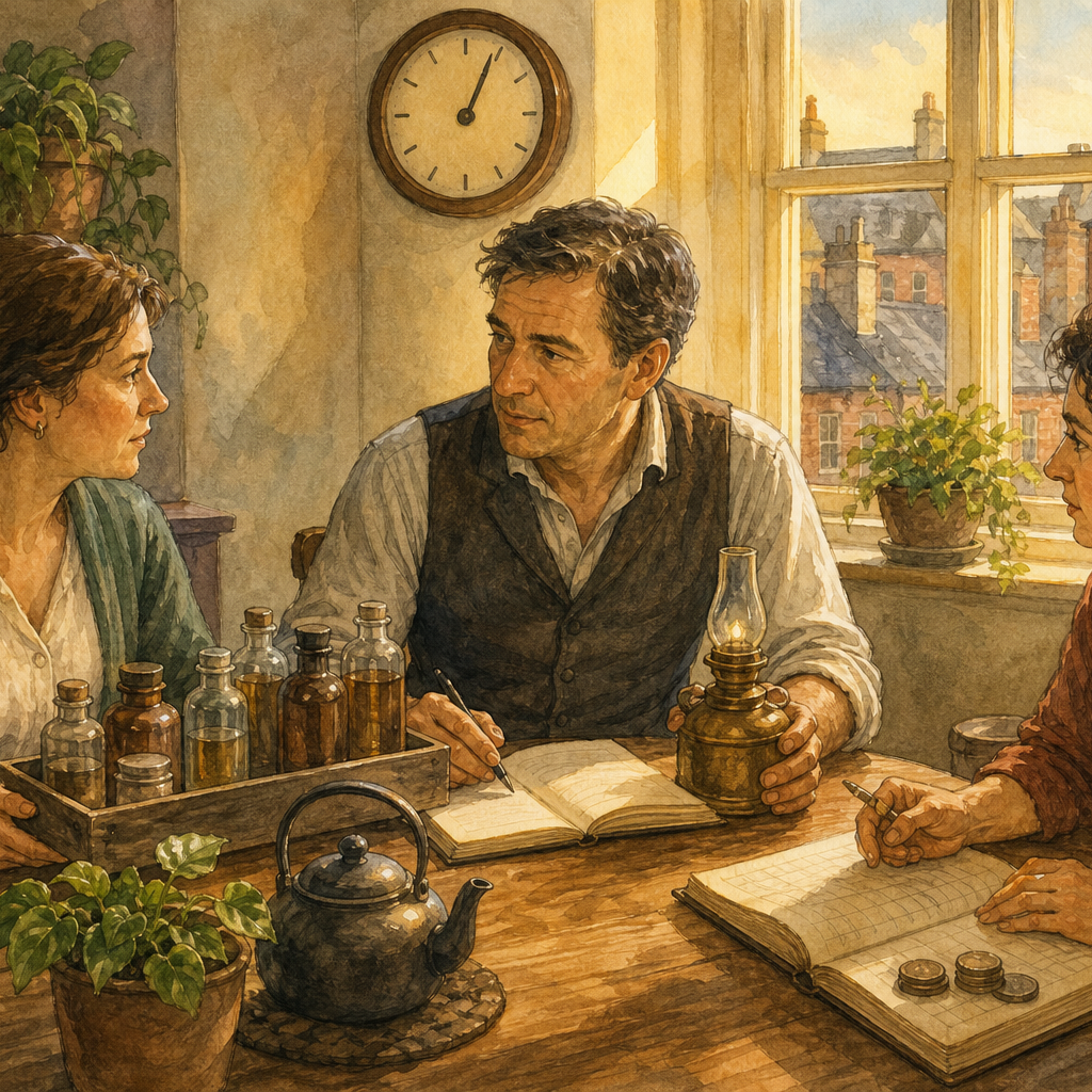 Three adults at a sunlit kitchen table work with apothecary bottles, an oil lamp, a ledger, coins, and a wall clock.