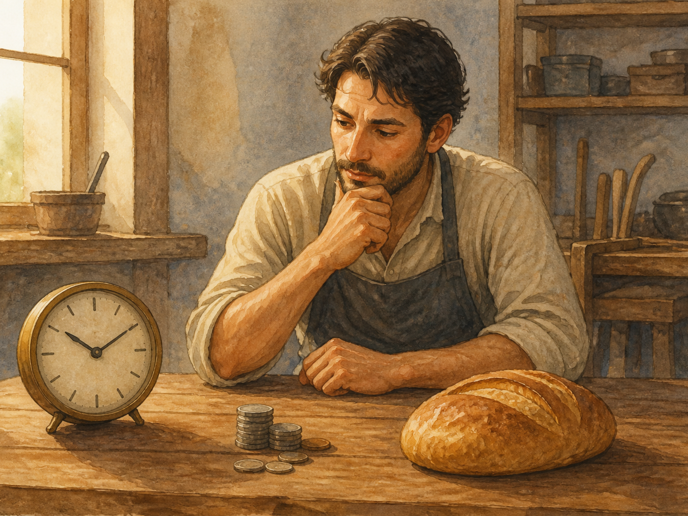 An adult baker at a wooden table looks at a clock, a small pile of coins, and a loaf of bread.