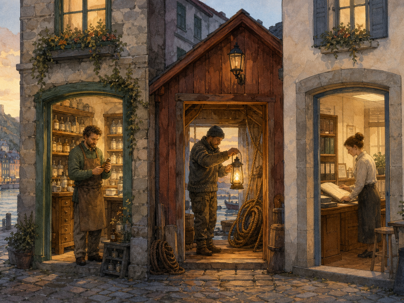 Three neighboring workplaces: an apothecary with bottles, a harbor shed with rope and a lantern, and an office with a large ledger.