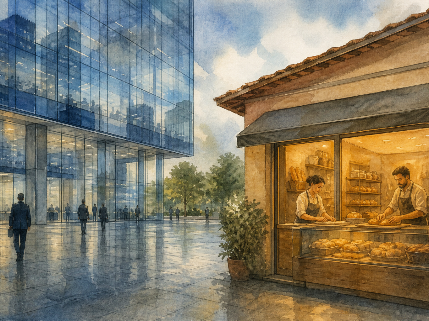 A glass office tower stands beside a small bakery, contrasting multinational work with local production.