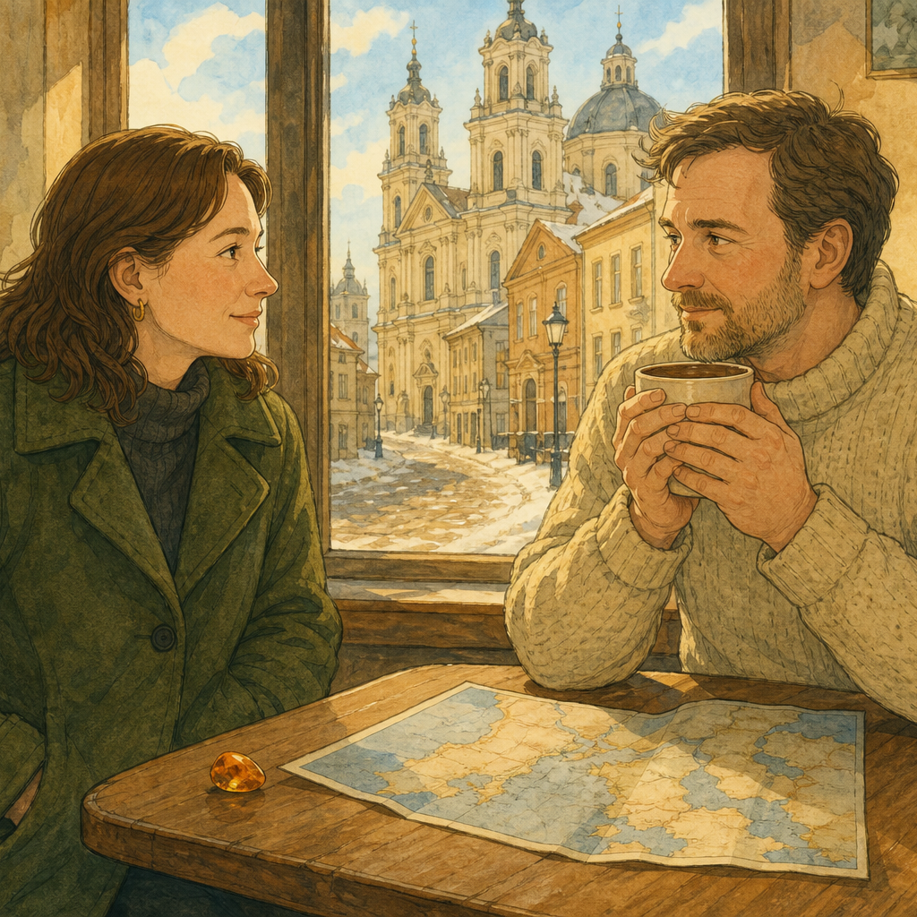 Two adults sit at a cafe table by a Vilnius old-town window, with Baltic amber and a map on the table.