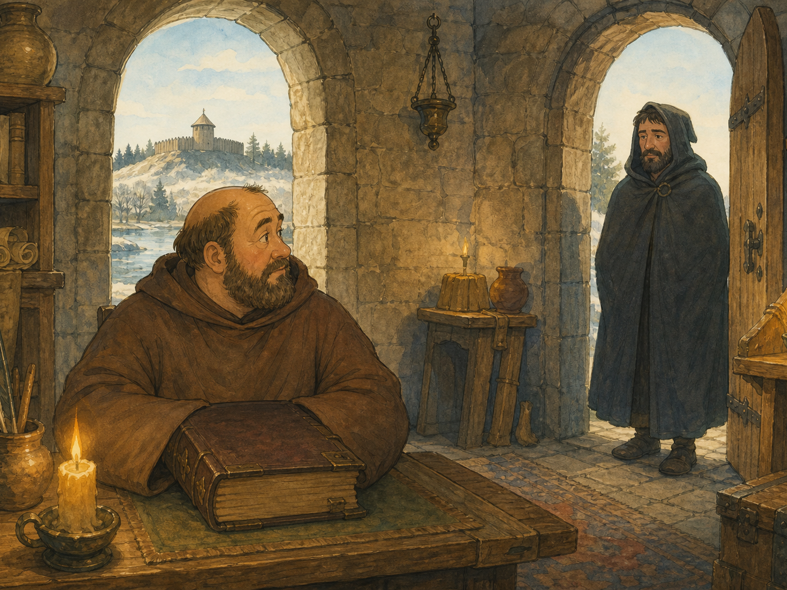 A monk studies a chronicle in a stone room while a traveler stands in the doorway and a Baltic hillfort shows through the window.
