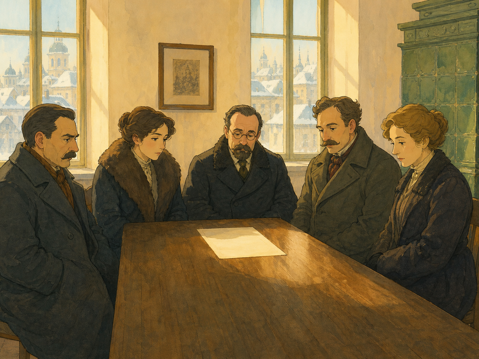 Five adults in a 1918 Vilnius room look at a document on a wooden table.