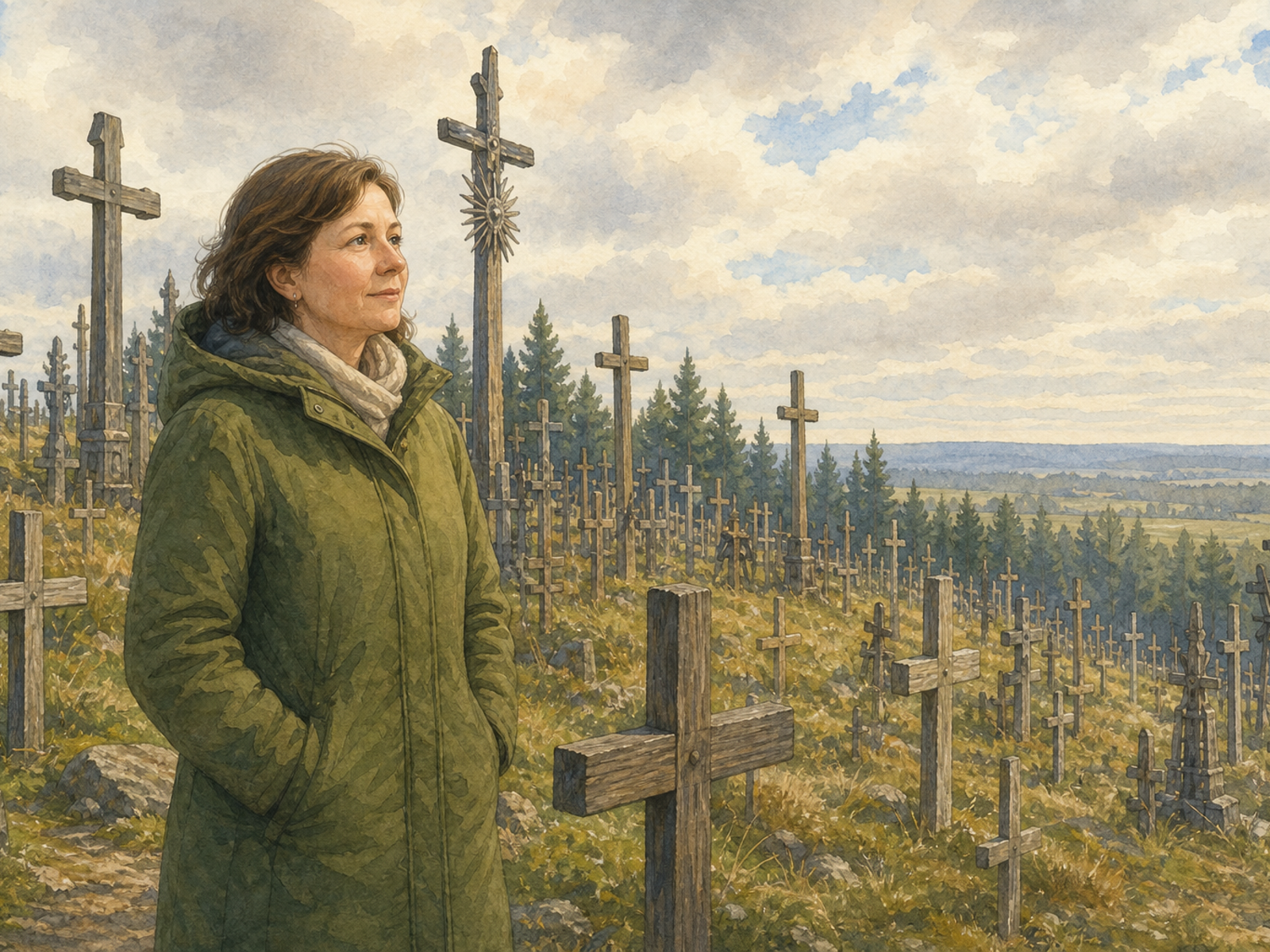 An adult stands among wooden crosses on a grassy hill near pine forests.