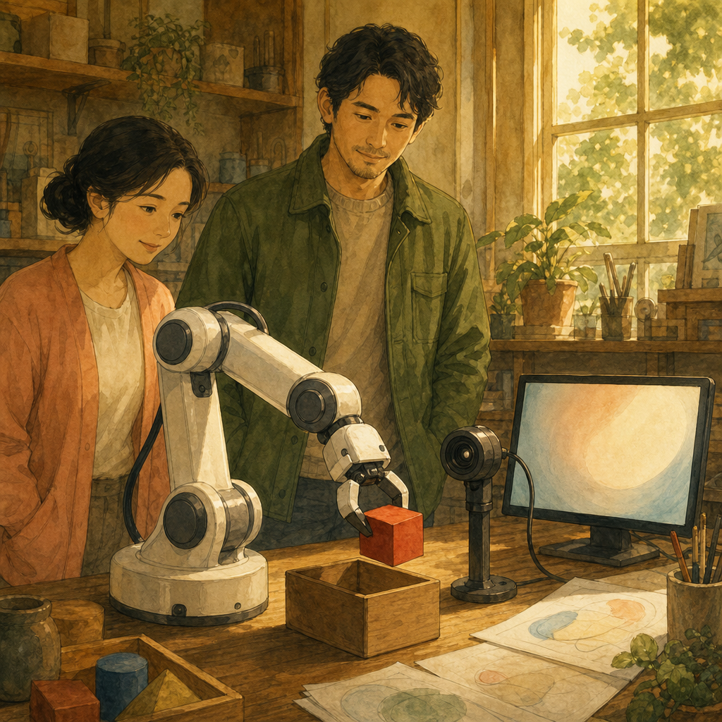 In a warm workshop, a friendly desktop robot arm holds a red wooden block near a small box while two adults watch with quiet interest.