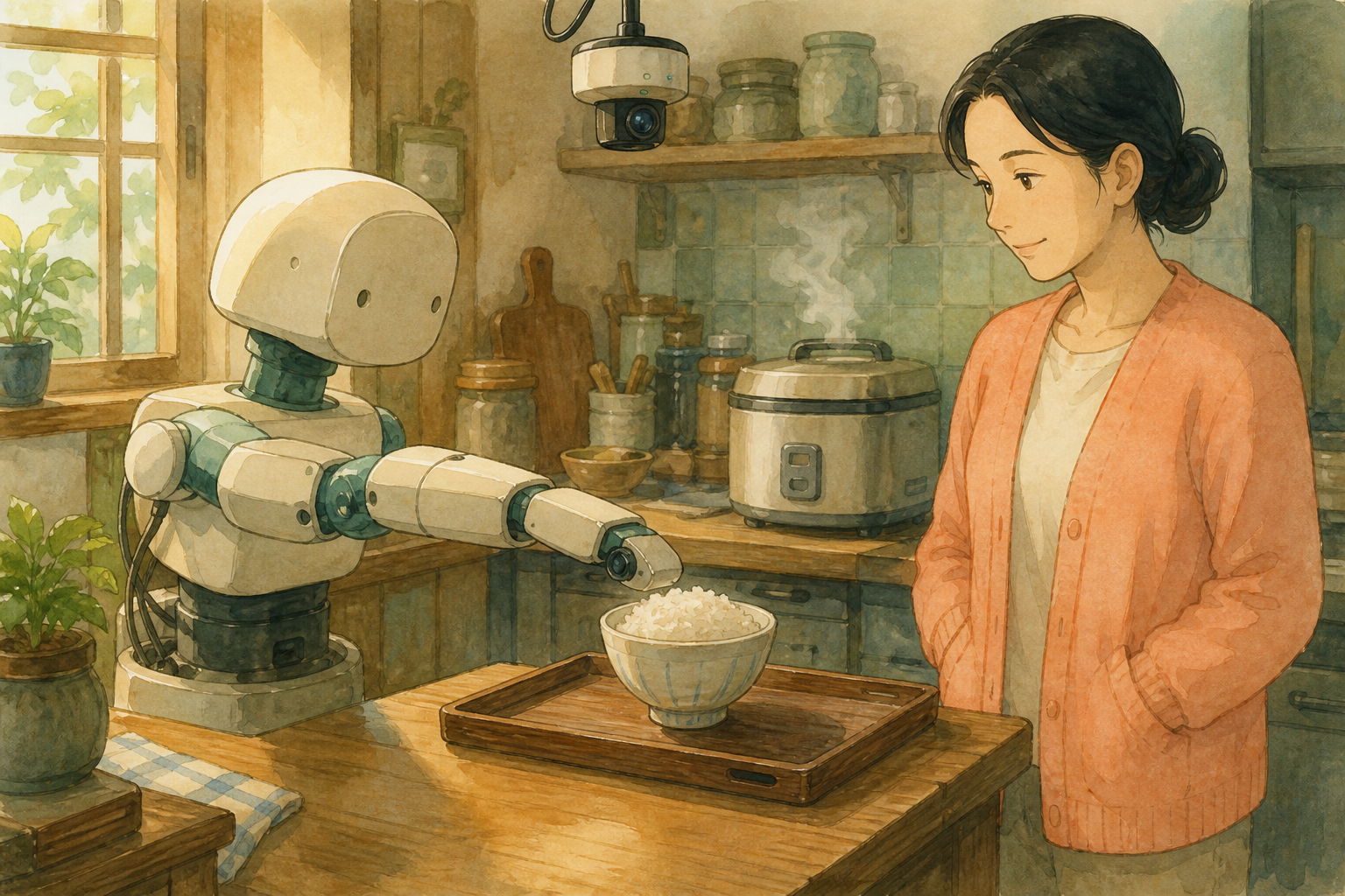 In a Japanese home kitchen, a robot arm reaches carefully toward a rice bowl on a tray while a camera watches and an adult observes.