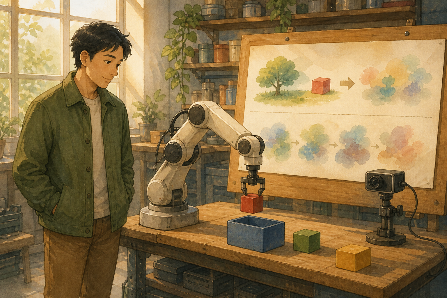 On a sunlit lab bench, a robot arm moves a red block toward a blue box beside soft abstract watercolor shapes suggesting meaning prediction.