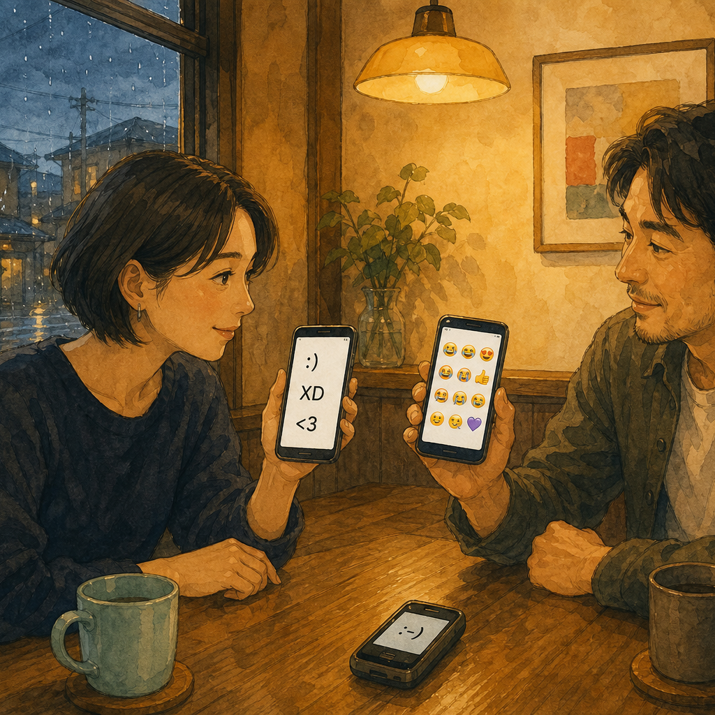 Two adults at a rainy cafe table compare old text emoticons on one phone with modern colorful emoji on the other.