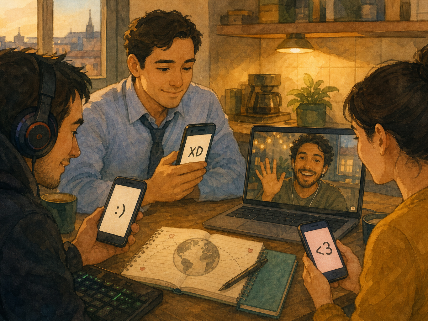 Three adults at a table and a friend on a laptop call still use old emoticons such as a smile, XD, and a heart on their phones.