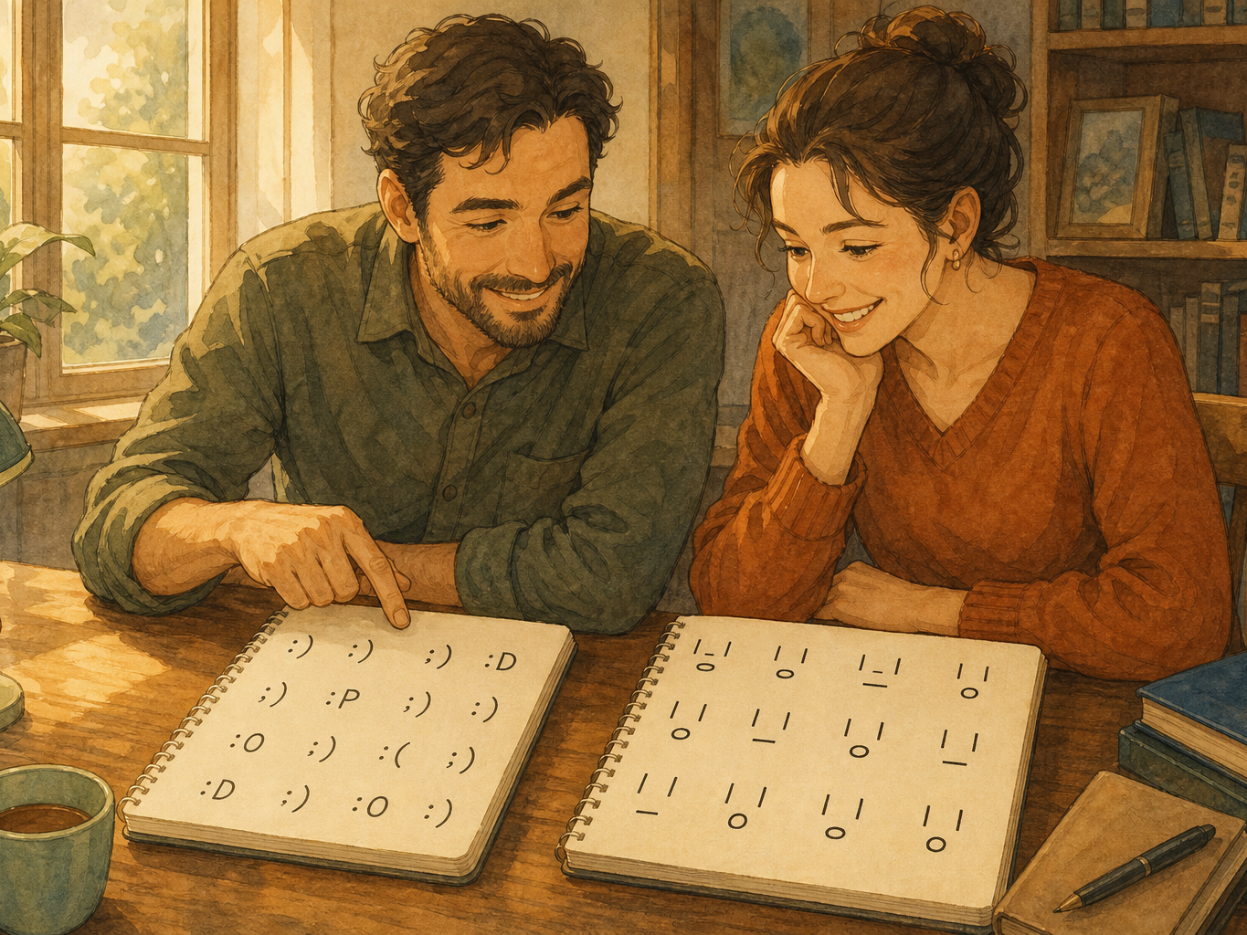 Two adults at a desk compare a notebook of sideways Western emoticons with a notebook of upright text faces.