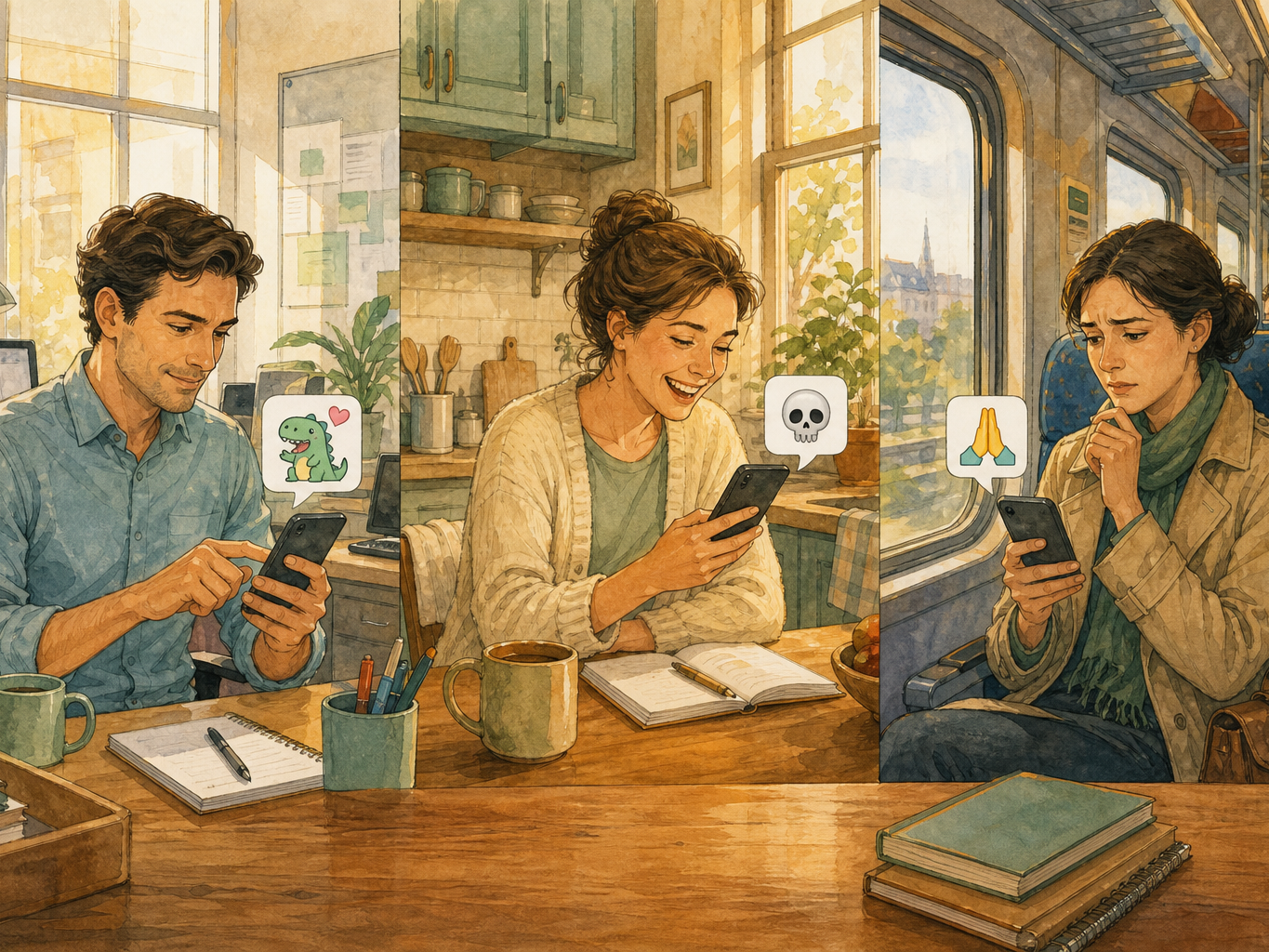 Three adults in an office, a kitchen, and a train read similar emoji in different situations, with different reactions.