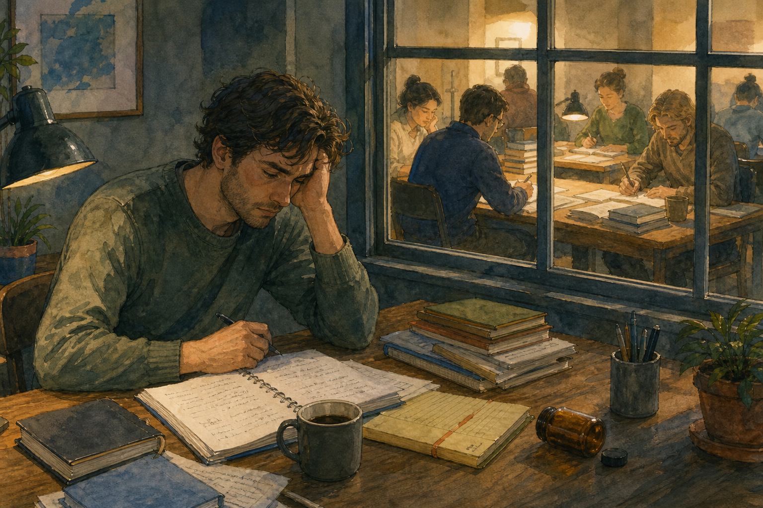 A tired adult student writes at a night desk with coffee and a small unmarked bottle, while a warm late-night study hall is visible through the window.