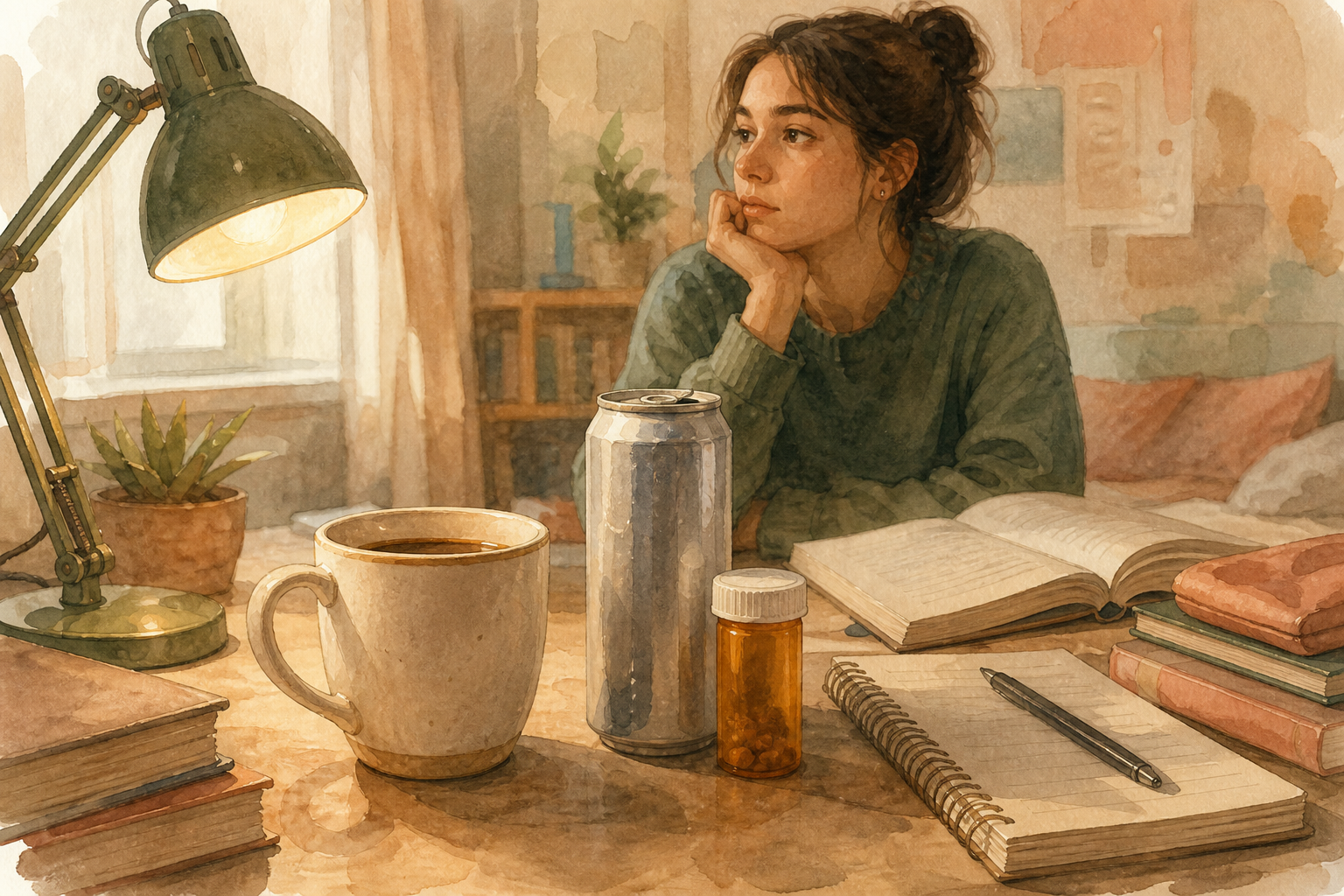 A tired adult student at a lamp-lit desk with coffee, an unlabeled can, and a small unmarked amber bottle among books.