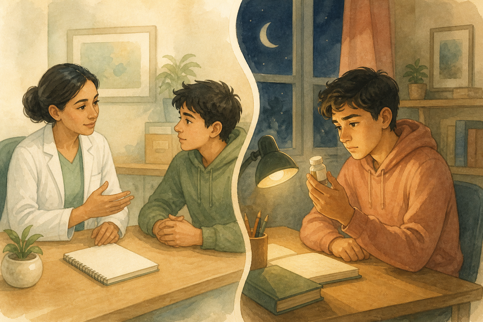 A clinician talks with a student in a bright office, next to the same student alone at night looking at a small unmarked bottle.