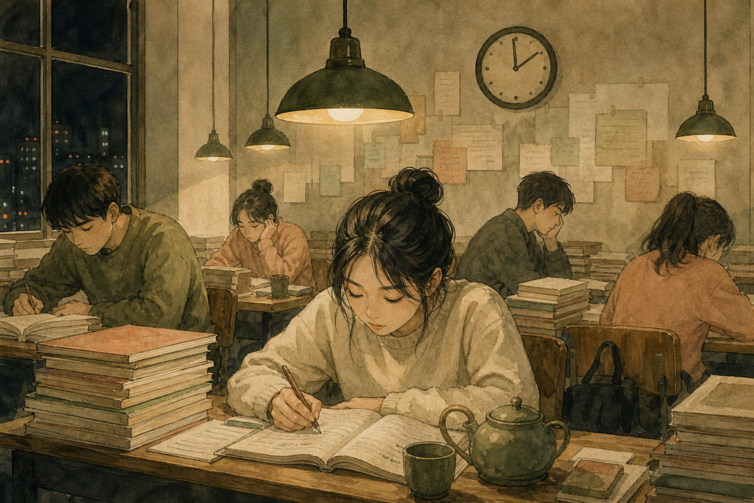 Adult students work late in a warm exam-prep hall with stacked books, hanging lamps, tea, and a wall clock.
