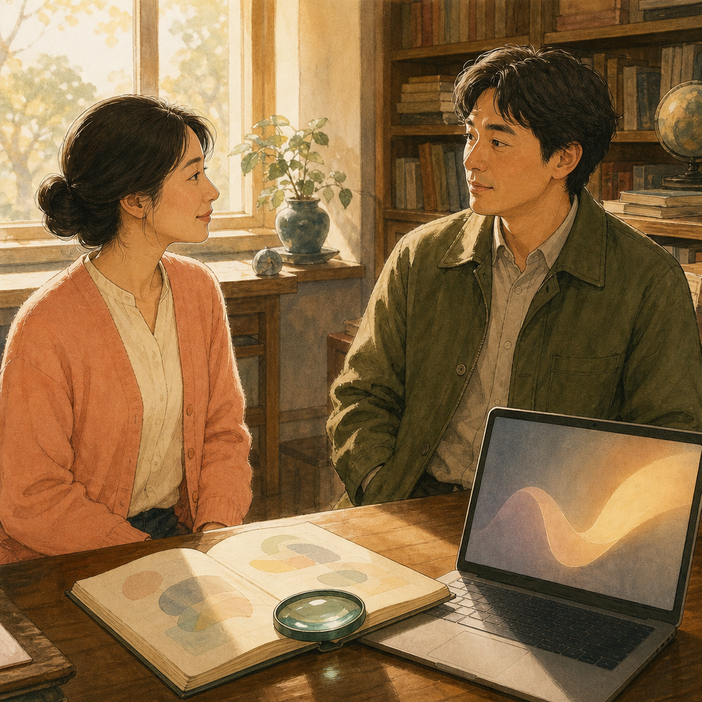 Two adults sit across a sunlit research desk with an unmarked notebook, glass lens, and laptop showing soft abstract glow, calmly talking to explain.