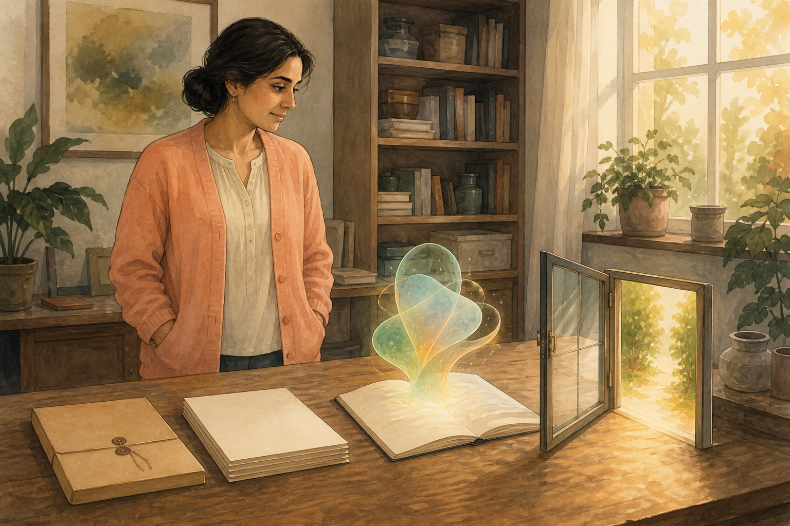 An adult woman in a peach cardigan stands at a research table with a sealed folder, papers, a glowing abstract model rising from a notebook, and a small open glass gate of warm light.
