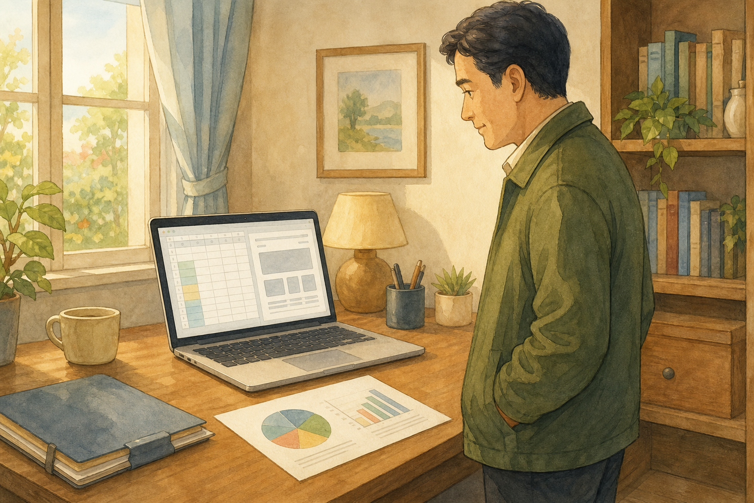 An adult man in a moss-green jacket stands at a home-office desk watching a laptop with abstract spreadsheet and chart pages, hands in pockets.