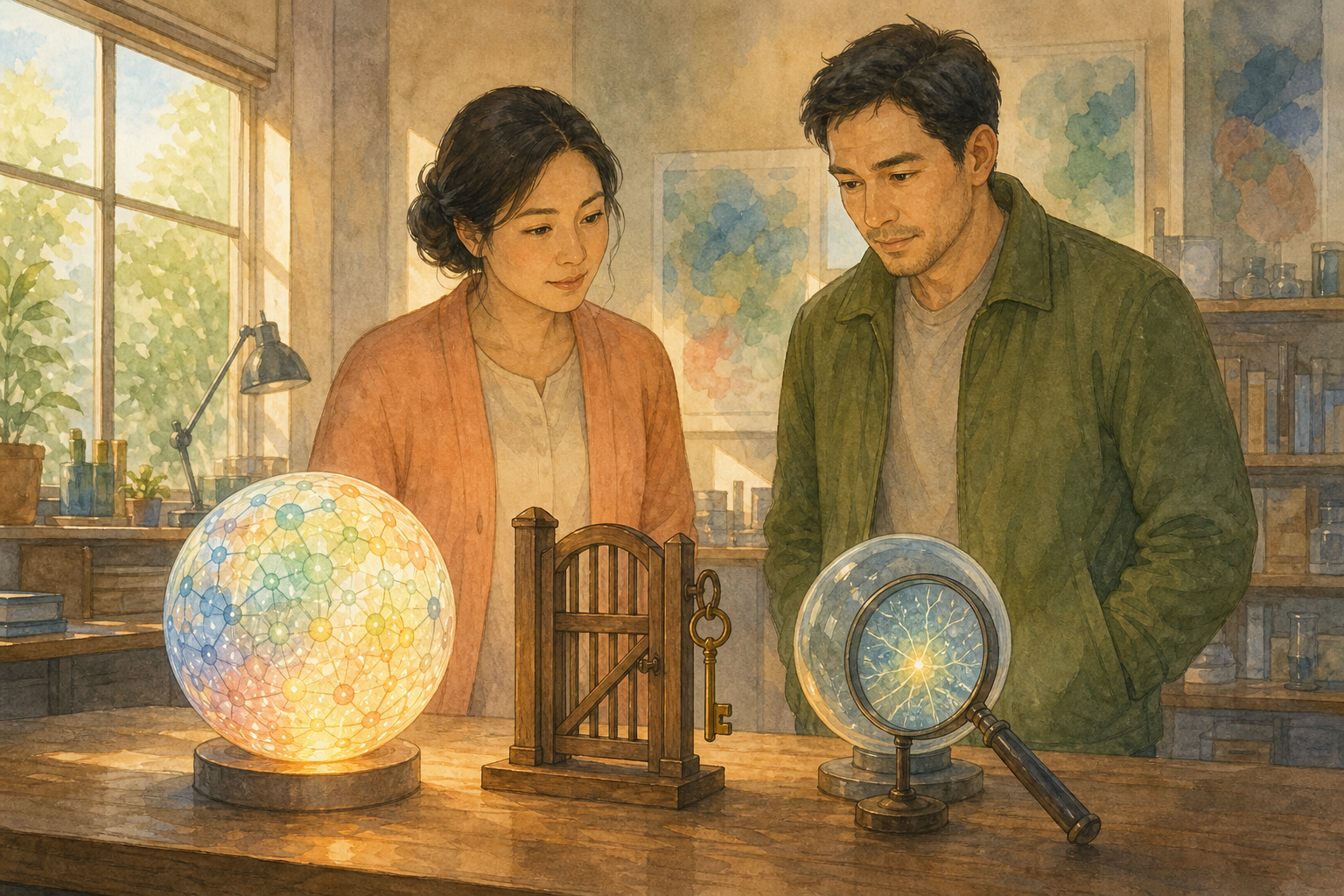 Two adults study a research desk holding a glowing model orb, a small wooden gate with a brass key, and a glass lens over a sparkling inner orb.