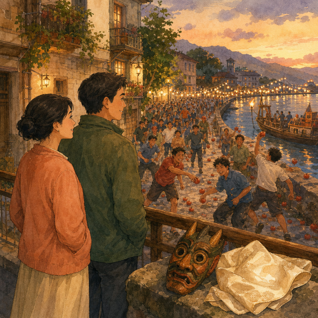 Two adults watch a dusk town festival from a balcony, with a tomato toss in the square, torches by a wooden boat, a carved mask, and a folded silk cloth.