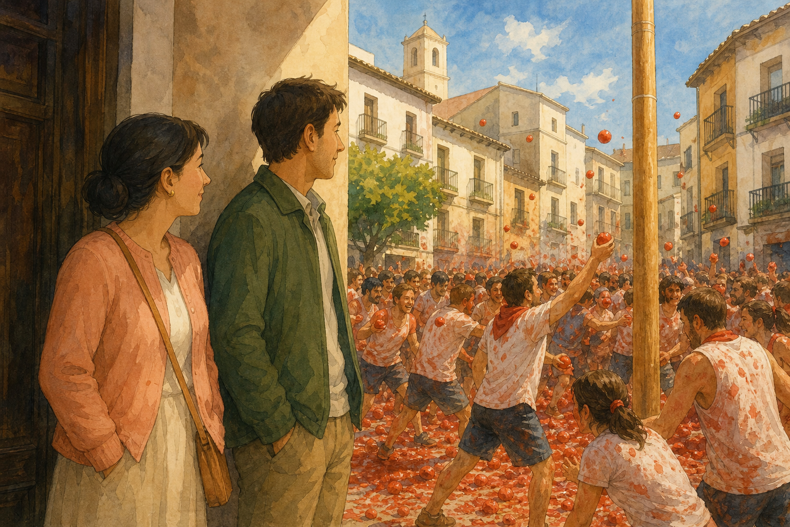 Two adults watch a sunny town square where people toss ripe tomatoes beside a tall slippery pole.