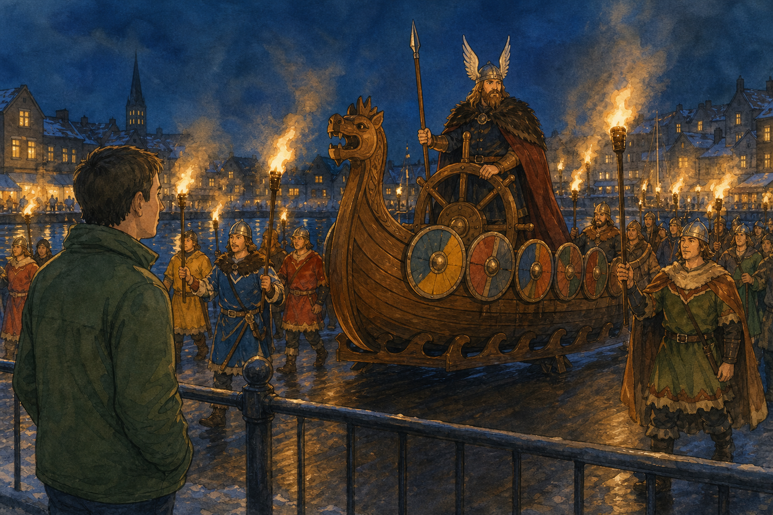 A winter night procession circles a wooden galley with torches while a winged-helmet leader stands at the helm.